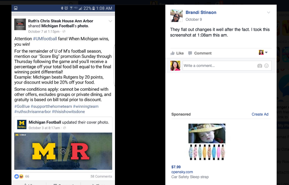 Facebook Post from Ruths Chris Ann Arbor about their Michigan football promotion with comment indicating rules were changed