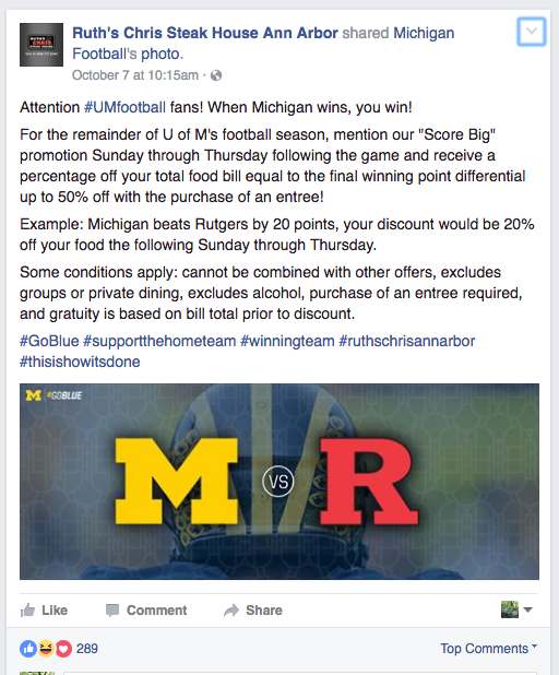 Ruth's Chris Ann Arbor October 7 Facebook Post announcing their Michigan Football promotion