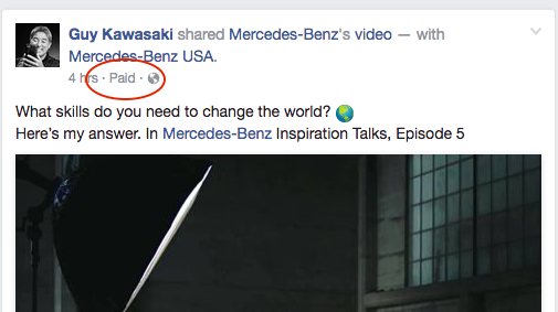 Example of how Facebook indicates with a Paid tag when Branded Content posted using the Branded Content Tool