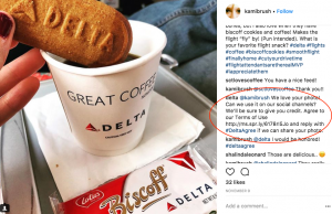 Instagram comment from Delta requesting consent for use of image